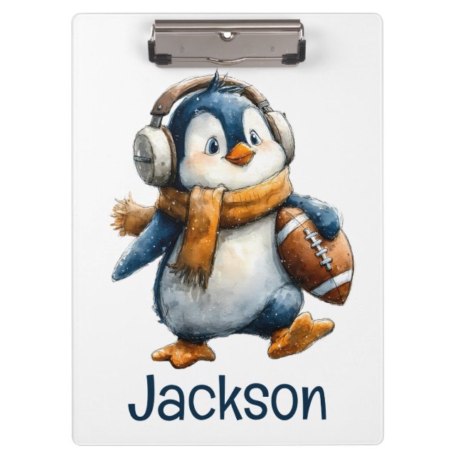 Personalized Winter Penguin Football Kid Clipboard (Front)