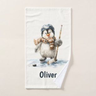 Personalized Winter Penguin Hockey Kid Bath Towel Set