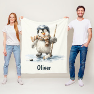 Personalized Winter Penguin Hockey Kid Fleece Blanket