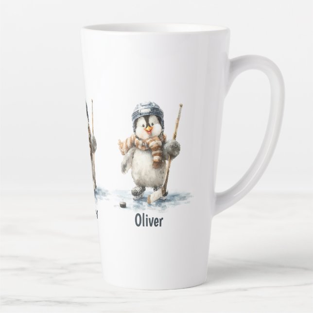 Personalized Winter Penguin Hockey Kid Latte Mug (Right)