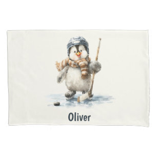 Personalized Winter Penguin Hockey Kid Pillow Case