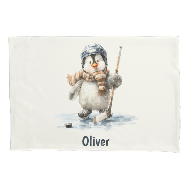 Personalized Winter Penguin Hockey Kid Pillow Case (Front)