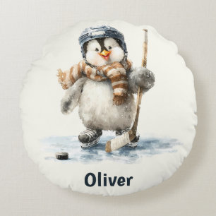 Personalized Winter Penguin Hockey Kid Round Pillow
