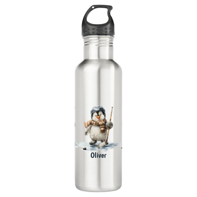 Personalized Winter Penguin Hockey Kid Stainless Steel Water Bottle (Front)