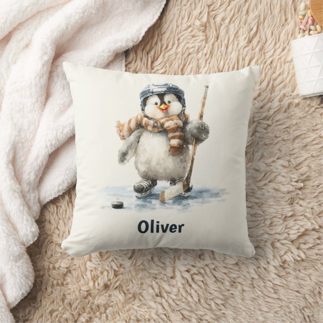 Personalized Winter Penguin Hockey Kid Throw Pillow (Blanket)