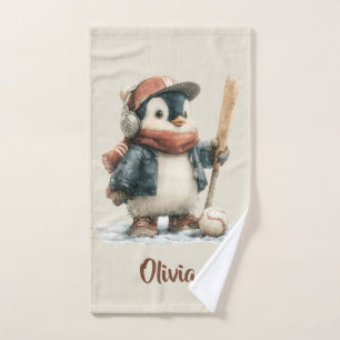 Personalized Winter Penguin Softball Kid Bath Towel Set