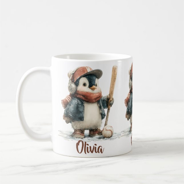 Personalized Winter Penguin Softball Kid Coffee Mug (Left)