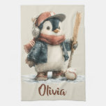 Personalized Winter Penguin Softball Kid Kitchen Towel