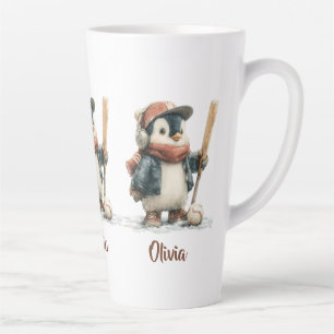 Personalized Winter Penguin Softball Kid Latte Mug