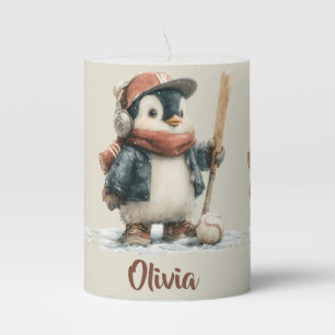 Personalized Winter Penguin Softball Kid Pillar Candle