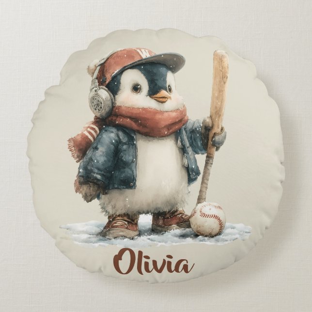 Personalized Winter Penguin Softball Kid Round Pillow (Front)