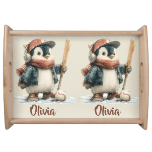 Personalized Winter Penguin Softball Kid Serving Tray