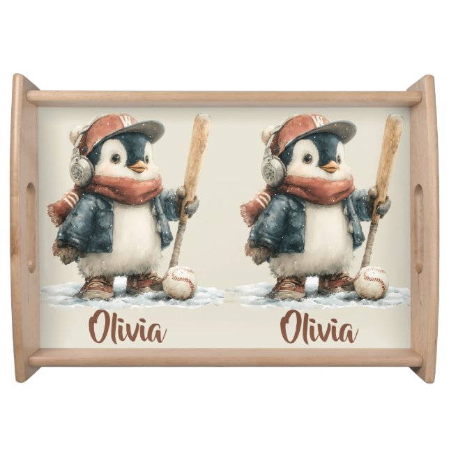 Personalized Winter Penguin Softball Kid Serving Tray (Front)