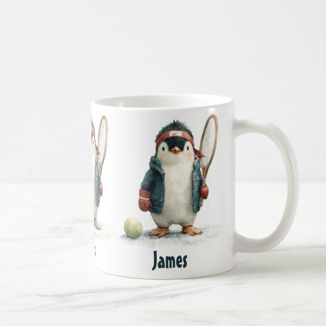 Personalized Winter Penguin Tennis Kid Coffee Mug (Right)