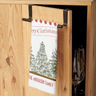 Personalized Winter Pine Tree Merry Christmas Kitchen Towel