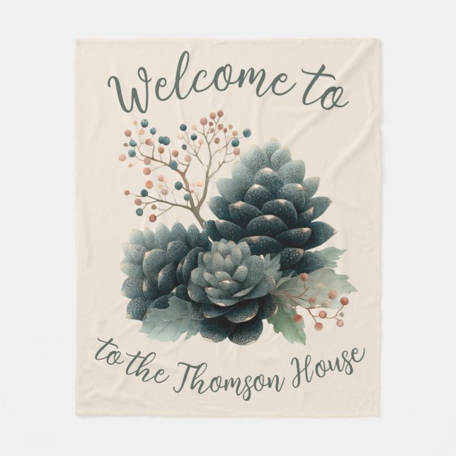 Personalized Winter Pinecone Family Design Fleece Blanket (Front)