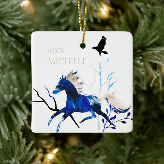 Personalized Winter Pony and Crow Horse Christmas Ceramic Ornament (Tree)