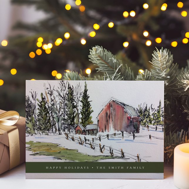 Personalized Winter Red Barn Watercolor Landscape Holiday Card (Creator Uploaded)