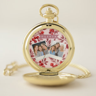 Personalized Winter Red Berry Botanical Cottage Pocket Watch