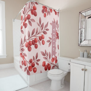 Personalized Winter Red Berry Botanical Cottage Shower Curtain