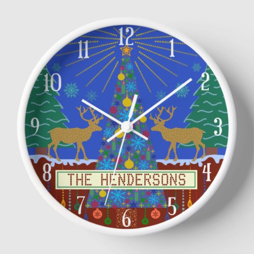 Personalized Winter Reindeer Christmas Tree Scene Clock