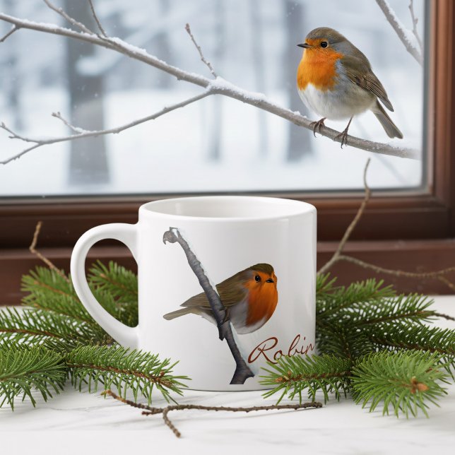 Personalized Winter Robin Bird Espresso Cup (Bring the beauty of nature indoors with this enchanting personalized robin espresso cup.)