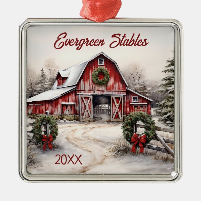 Personalized Winter Rustic Red Barn Christmas Metal Ornament (Front)