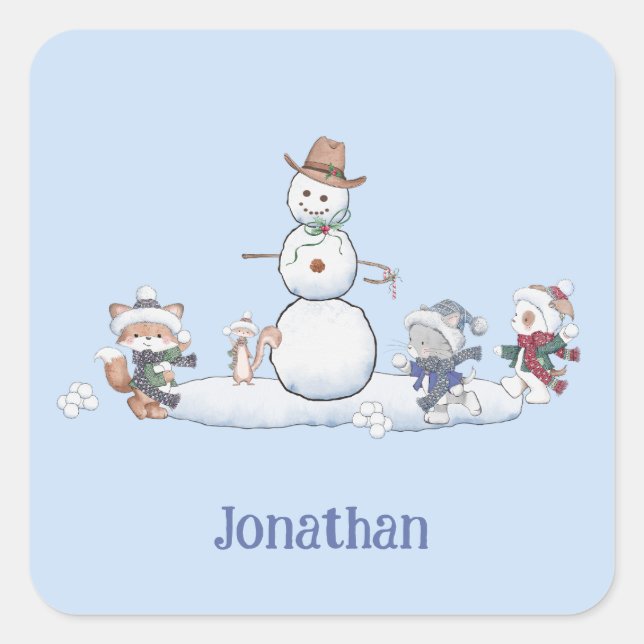 Personalized Winter Snowball Fight Animals  Square Sticker (Front)
