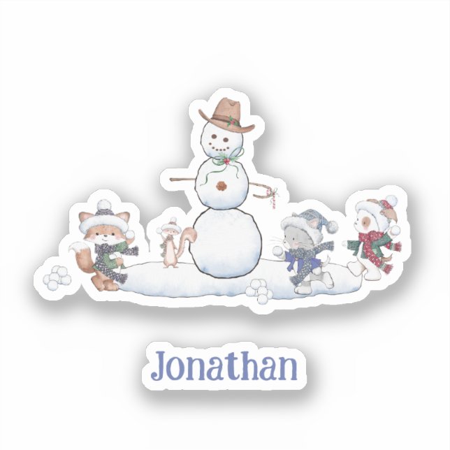 Personalized Winter Snowball Fight Animals   Sticker (Front)