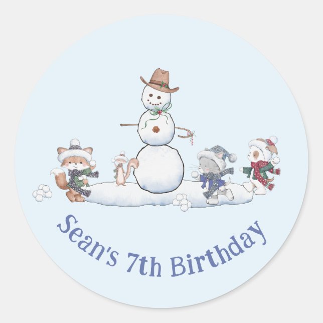 Personalized Winter Snowball Fight Birthday Custom Classic Round Sticker (Front)