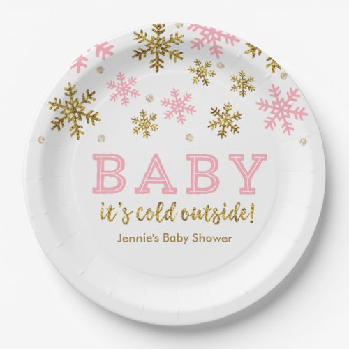 Personalized Winter Snowflake Pink and Gold Paper Plates