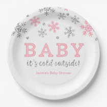 Personalized Winter Snowflake, Pink and Silver Paper Plates