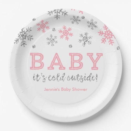 Personalized Winter Snowflake Pink and Silver Paper Plates