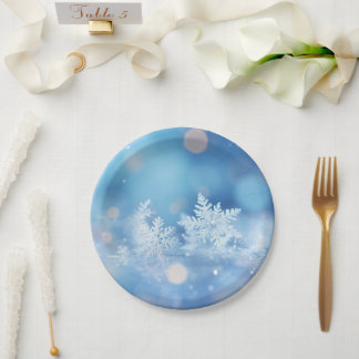 Personalized Winter Snowflakes Blue Bokeh Paper Plates
