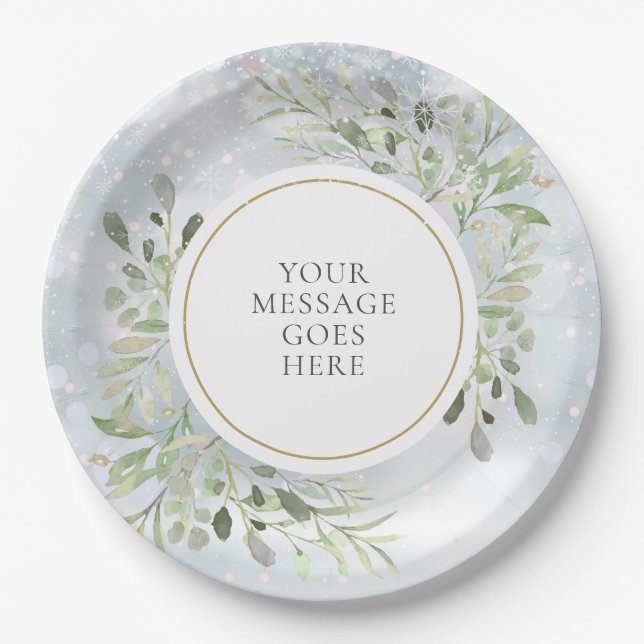 Personalized Winter Snowlakes Greenery Foliage Paper Plates (Front)