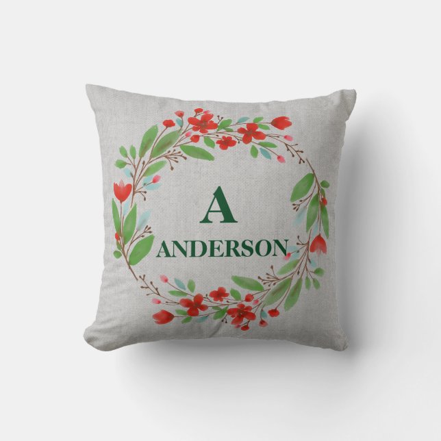 Personalized Winter Sprigs Monogrammed Christmas Throw Pillow (Front)