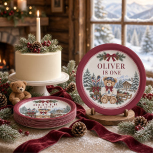 Personalized Winter Teddy Bear Burgundy Bow Paper Plates