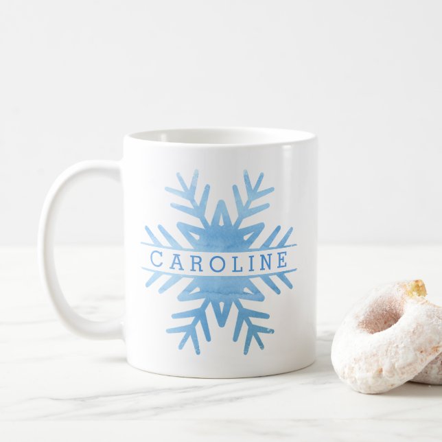 Personalized Winter Watercolor Cute Snowflake Coffee Mug (With Donut)