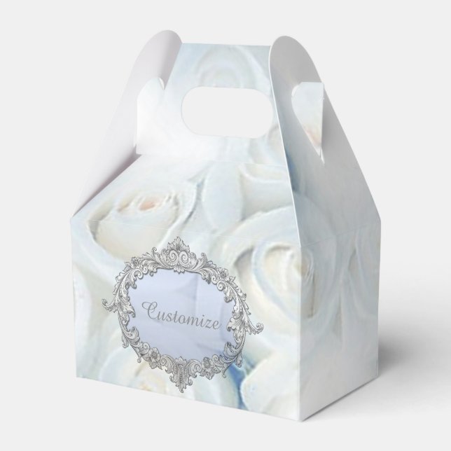 Personalized Winter White Roses Gable Favor Box (Front Side)