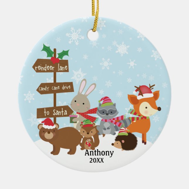 Personalized  Winter Woodland Animals Ceramic Ornament (Front)