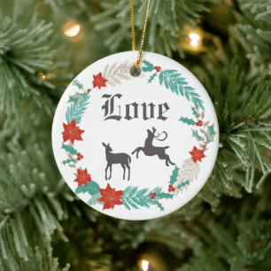 Personalized Winter Wreath and Deer Couple LOVE Ceramic Ornament