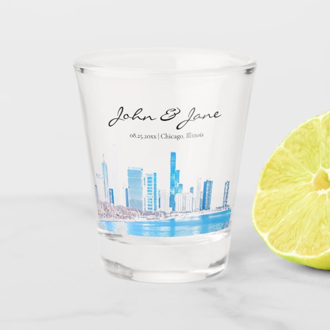 Personalized Wintery Chicago Skyline Shot Glass (Front)