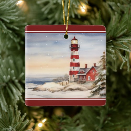 Personalized Wintery Lighthouse Nautical Christmas Ceramic Ornament