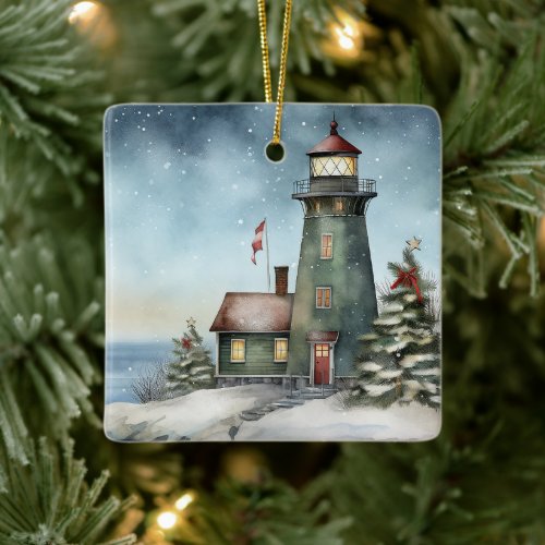 Personalized Wintery Lighthouse Nautical Christmas Ceramic Ornament