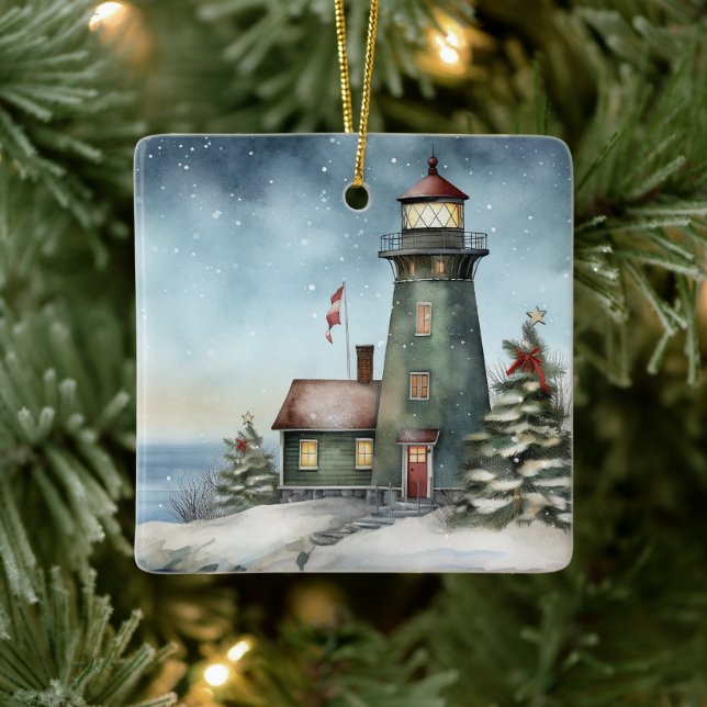 Personalized Wintery Lighthouse Nautical Christmas Ceramic Ornament (Tree)