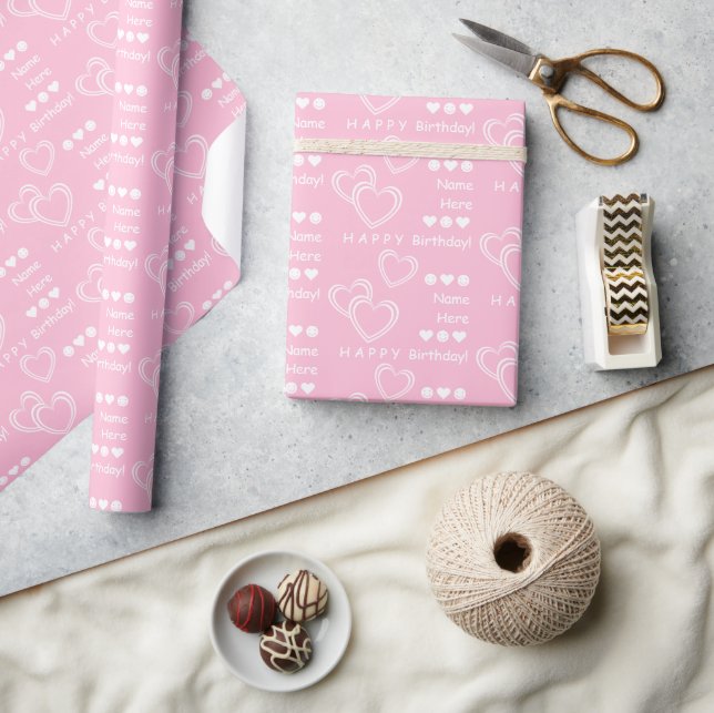 Personalized Wish Cute, Fun Pink Hearts Emoji Kids Wrapping Paper (Crafts)