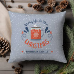 Personalized Wishing You a Warm Christmas Throw Pillow<br><div class="desc">Ring in the holiday season with this cozy pillow featuring a simple holiday message that reads, “Wishing You a Warm Christmas, ” an image of a steaming mug of hot chocolate, a blue snowy background, and a customizable monogram. This wintery design is simple and minimalistic, and it will appeal to...</div>