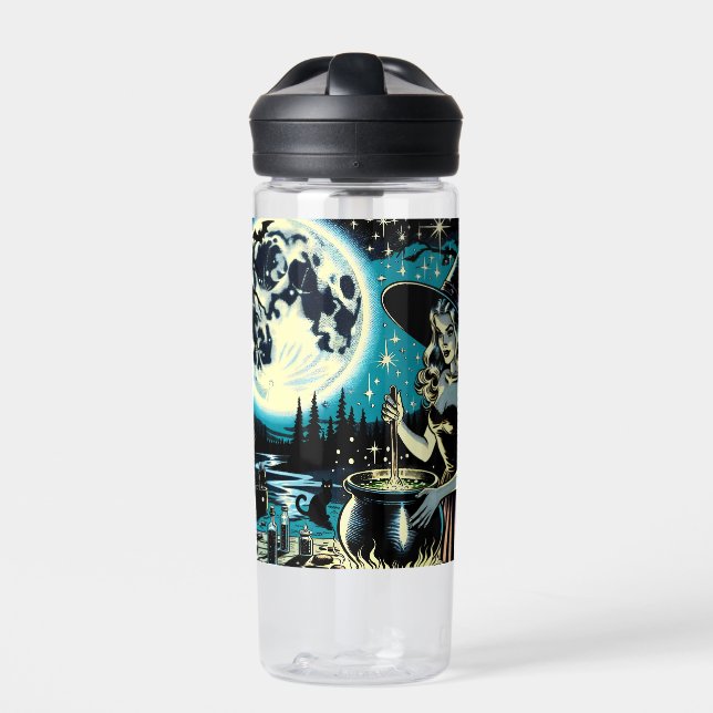 Personalized Witch and Black Cat Halloween Water Bottle (Front)