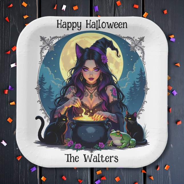 Personalized Witch and Cauldron Halloween Paper Plates (Creator Uploaded)