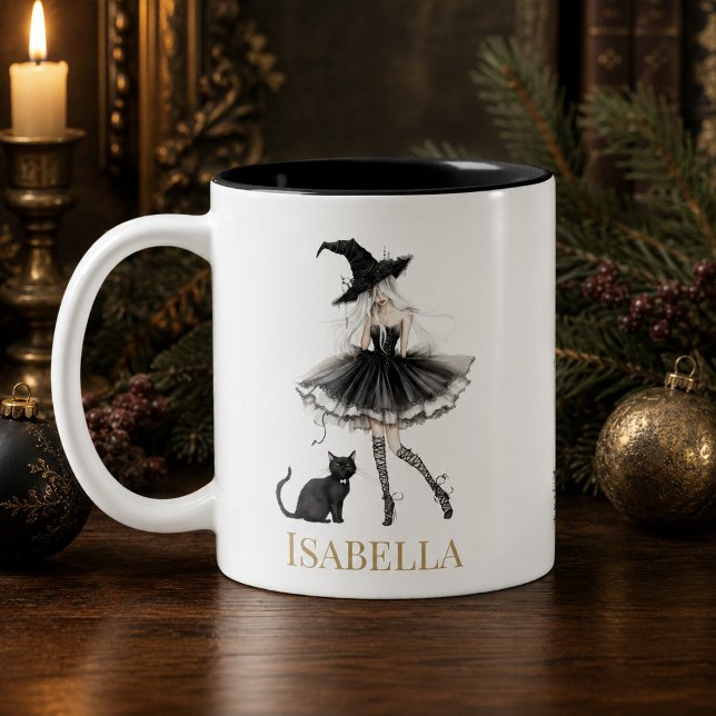 Personalized Witch & Black Cat Mug with Gothic Bow (Personalized Witch & Black Cat Mug with Gothic Bow)